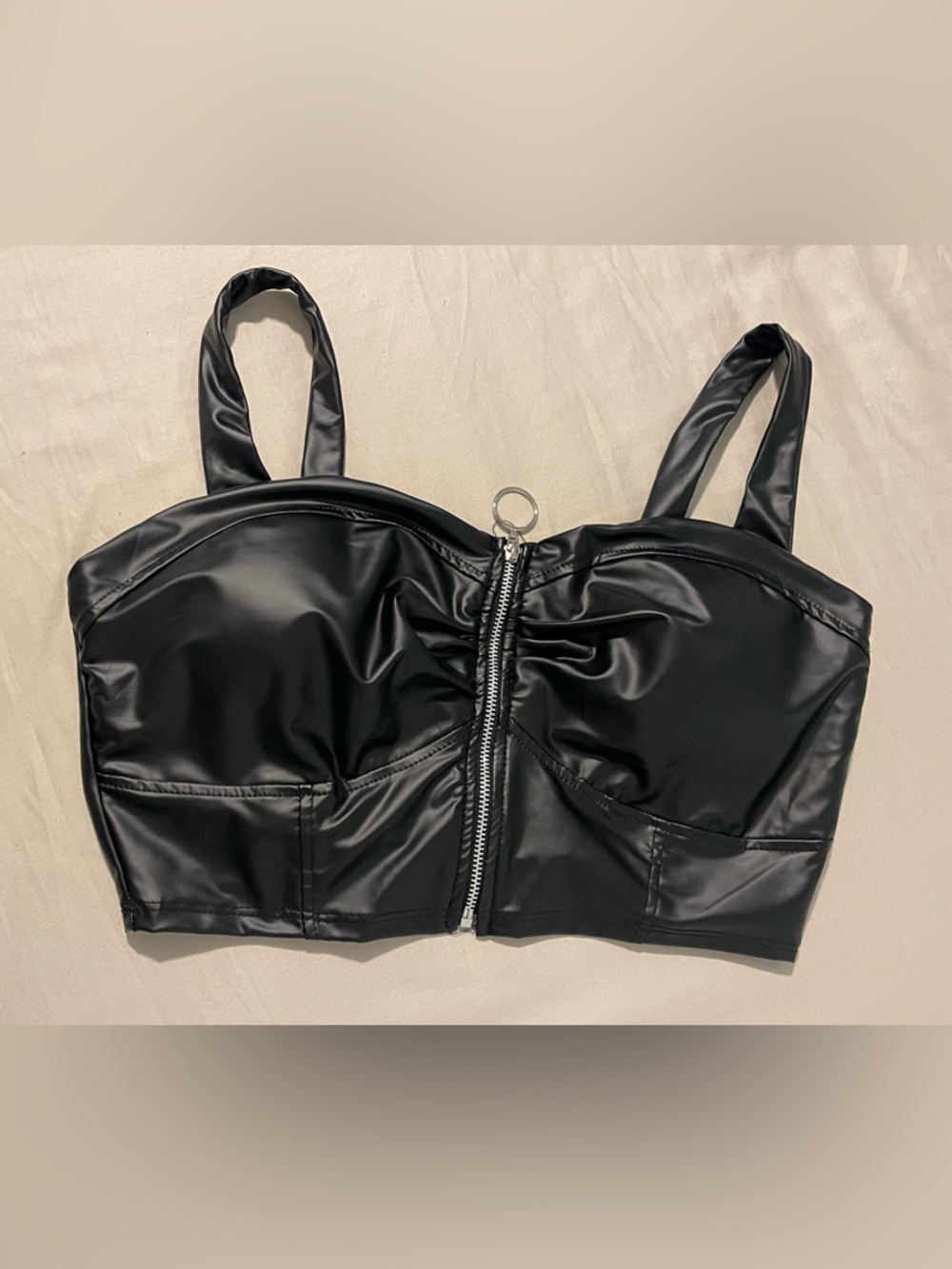 Black Faux Leather Zip Front Corset.